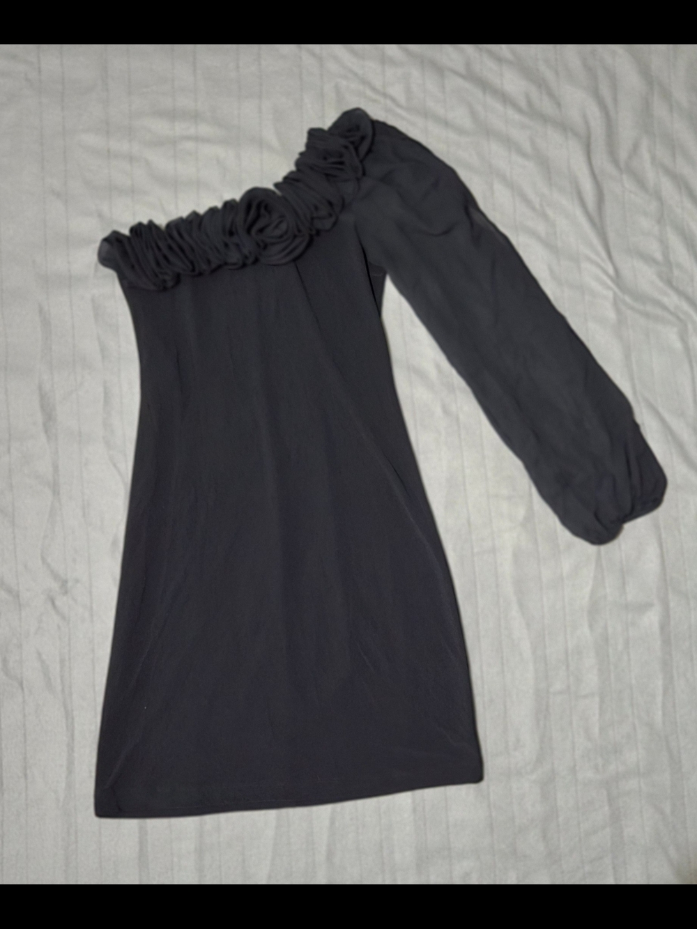 B. Smart Black One-Shoulder Floral Trim Dress